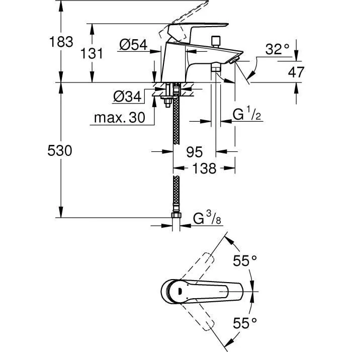 GROHE Mitigeur de bain et douche chromé monotrou START - Inverseur automatique 2 sorties, limiteur de débit - 23229002