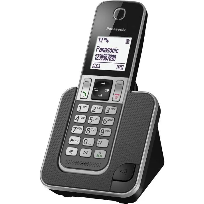 Panasonic KX-TGD310FRG Téléphone DECT sans fil noir avec écran LCD, répondeur intégré, identification de l'appelant et fonction mains libres