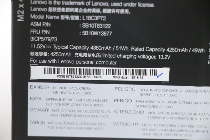 Lenovo Batterie interne 3 cellules Li-ion 50Wh pour PC portable ThinkPad, CXP interface, remplacement authentique