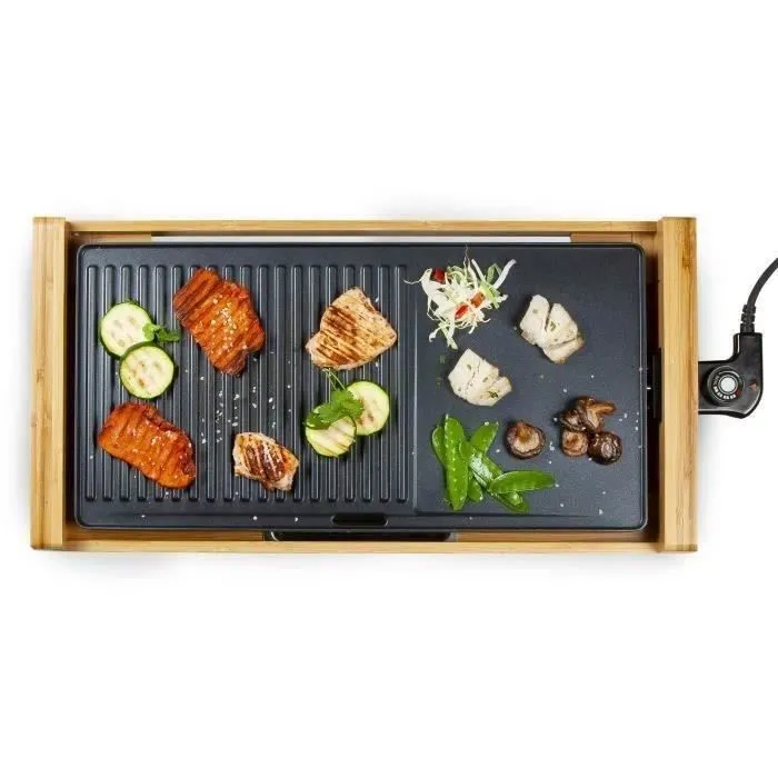 Domo Plancha Teppanyaki Bamboo 60 cm DO8311TP - 2200 W, Plaque amovible en aluminium, Surface double grill/plate, Thermostat réglable, Bac de réception