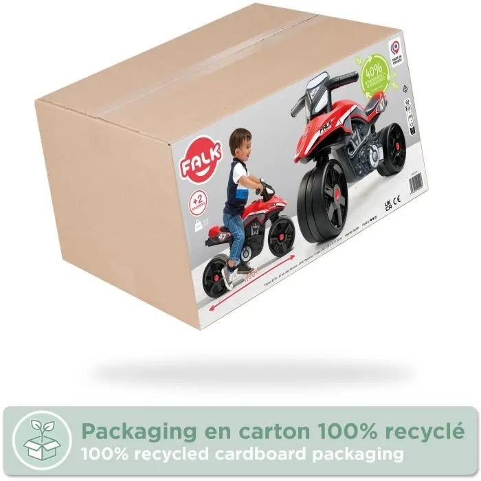 FALK Draisienne moto porteur Racing Team pour enfant 2-5 ans - Large roues stables - Guidon directionnel - 40% plastique recyclé - Fabriqué en France