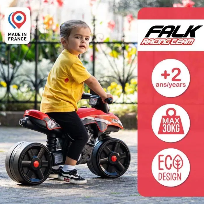 FALK Draisienne moto porteur Racing Team pour enfant 2-5 ans - Large roues stables - Guidon directionnel - 40% plastique recyclé - Fabriqué en France