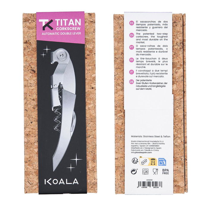 Sacacorchos Acero Inoxidable y Teflón Titan Premium Koala 13,5x12x3 cm (6 Unidades)