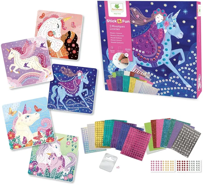 Sycomore Mosaiques Stick'N Fun - Coffret Créatif Licornes - 5 Tableaux avec 1500 Autocollants Mousse et Joyaux - À Partir de 5 Ans Sycomore Mosaiques Stick'N Fun - Coffret Créatif Licornes - 5 Tableaux avec 1500 Autocollants Mousse et Joyaux - À Partir de 5 Ans