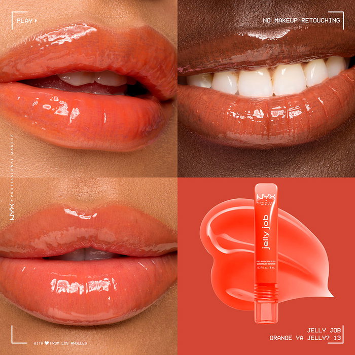 NYX Jelly Job Gloss à lèvres intense et volumisant, nuance #Orange YA Jelly, avec applicateur en spatule, hydratation aux peptides
