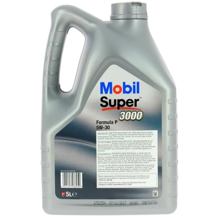 Mobil Huile moteur synthétique Super 3000 Formula-P 5W-30 ACEA C2 API SN - Bidon 5L - Haute performance