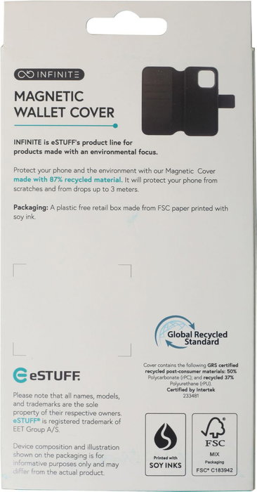 eSTUFF Coque Portefeuille INFINITE MILAN pour iPhone 16 Plus - Noir - 87% Matériaux Recyclés - 3 Emplacements Cartes - Compatible MagSafe - Fermeture Magnétique