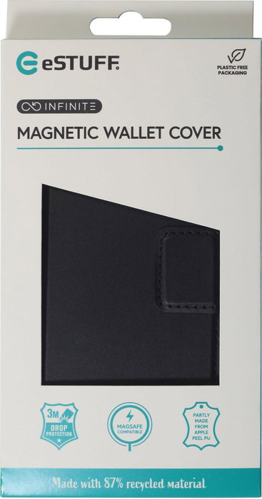 eSTUFF Coque Portefeuille INFINITE MILAN pour iPhone 16 Plus - Noir - 87% Matériaux Recyclés - 3 Emplacements Cartes - Compatible MagSafe - Fermeture Magnétique