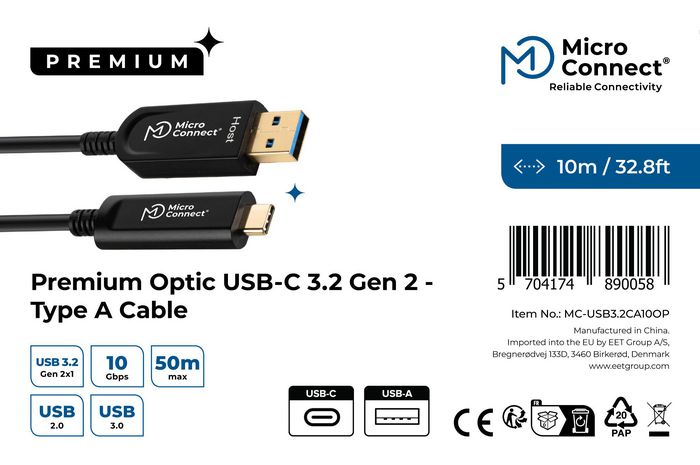 MicroConnect Câble USB-C vers USB 3.2 Gen 2 Type A en fibre optique premium actif 10 Gbit/s, 10 mètres