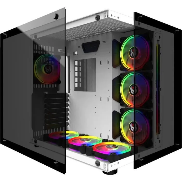 MRED Boîtier PC Gamer ATX Blanc RGB Crystal Sea - 7 baies, ventilateurs inclus, refroidissement optimisé