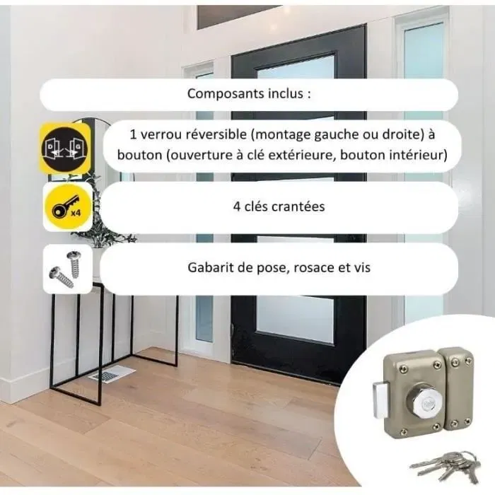 Yale YV25 Verrou à bouton, cylindre 5 goupilles Ø 23 mm L 45 mm - Pour portes bois, métal, PVC, aluminium