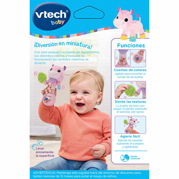 V-Tech - Hochets Hippopotame pour Bébé, Rosa, Réf. 80-577357, Textures variées, Stimulation sensorielle, Léger et facile à saisir, À partir de 3 mois