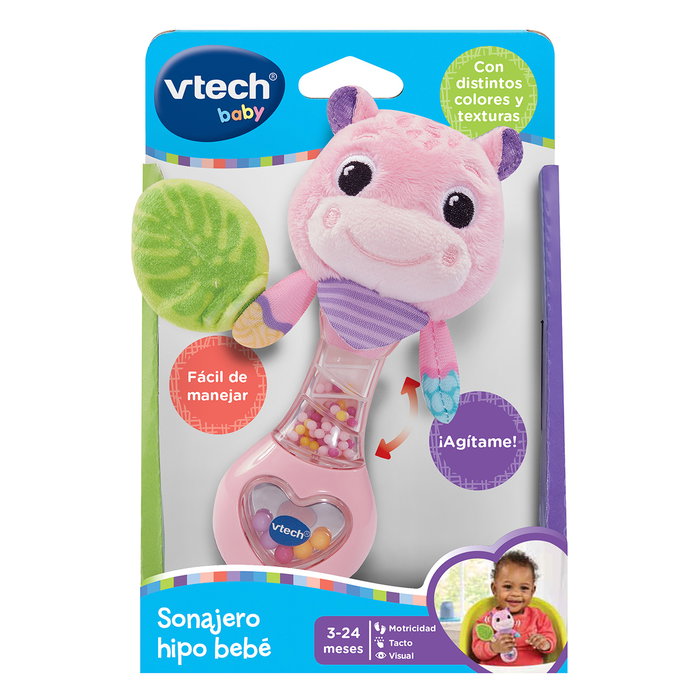 V-Tech - Hochets Hippopotame pour Bébé, Rosa, Réf. 80-577357, Textures variées, Stimulation sensorielle, Léger et facile à saisir, À partir de 3 mois