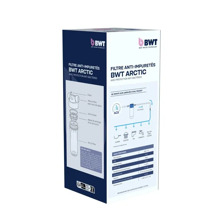 BWT ARCTIC - Cartouche de filtre anti-impuretés 20 microns bactériostatique pour eau, débit 3000 L/h, boîtier transparent 10"