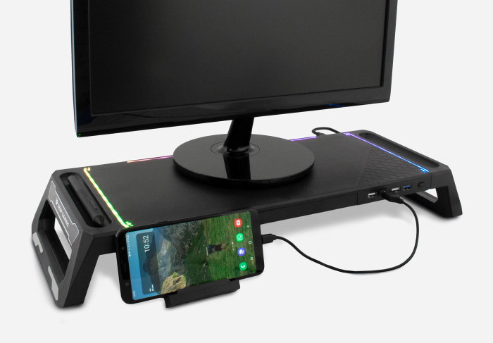 Deep Gaming Support pour Moniteur avec Hub USB 4 Ports, Éclairage RGB 10 Modes, Tiroir de Rangement et Support Smartphone, Noir