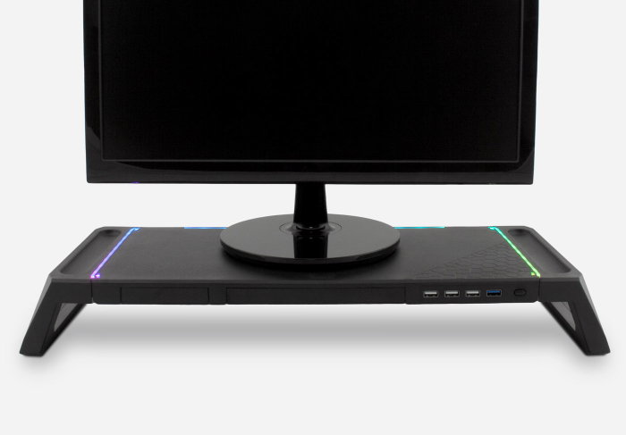 Deep Gaming Support pour Moniteur avec Hub USB 4 Ports, Éclairage RGB 10 Modes, Tiroir de Rangement et Support Smartphone, Noir