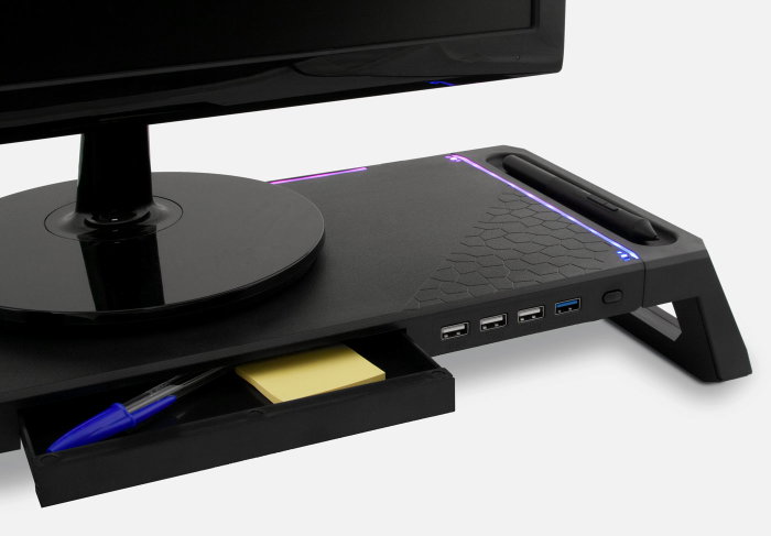 Deep Gaming Support pour Moniteur avec Hub USB 4 Ports, Éclairage RGB 10 Modes, Tiroir de Rangement et Support Smartphone, Noir