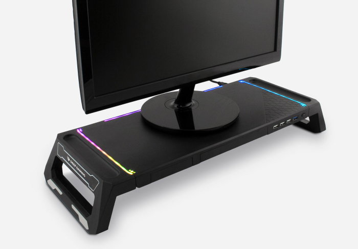 Deep Gaming Support pour Moniteur avec Hub USB 4 Ports, Éclairage RGB 10 Modes, Tiroir de Rangement et Support Smartphone, Noir