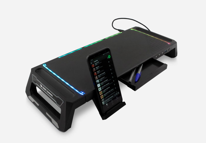 Deep Gaming Support pour Moniteur avec Hub USB 4 Ports, Éclairage RGB 10 Modes, Tiroir de Rangement et Support Smartphone, Noir