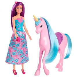 Barbie - Poupée Barbie et sa Licorne avec crinière et queue à coiffer - Jouet avec accessoires et paillettes - Référence Hyt62