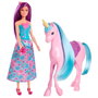 Barbie - Poupée Barbie et sa Licorne avec crinière et queue à coiffer - Jouet avec accessoires et paillettes - Référence Hyt62