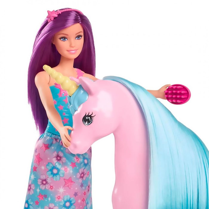 Barbie - Poupée Barbie et sa Licorne avec crinière et queue à coiffer - Jouet avec accessoires et paillettes - Référence Hyt62 Barbie - Poupée Barbie et sa Licorne avec crinière et queue à coiffer - Jouet avec accessoires et paillettes - Référence Hyt62