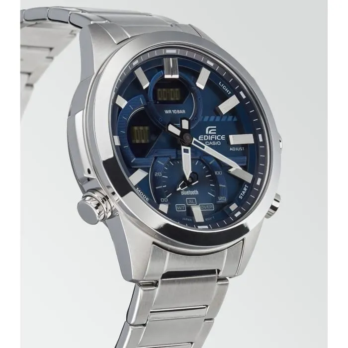 Casio ECB-30D-2AEF Montre connectée Bluetooth en acier inoxydable 52,3 mm avec éclairage LED, étanche 10 bars - Bleu
