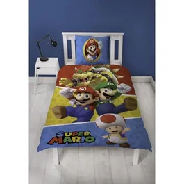 Mario Bros Parure de lit réversible Microfibre avec licence Super Mario, housse de couette 140 x 200 cm + taie 63 x 63 cm, personnages Mario et ses amis