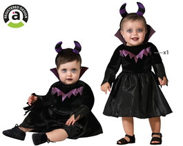 Vestido Negro - Robe de déguisement de sorcière bébé 12-24 mois, noir avec motif ruche et col lilac, thème Halloween et personnages fantastiques