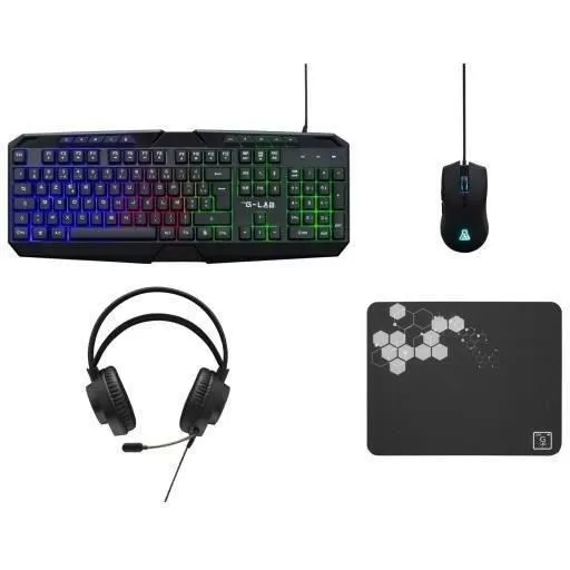 The G-Lab COMBO NATRIUM - Pack Gamer 4 en 1 avec clavier silencieux rétroéclairé, souris filaire 6400 DPI, casque audio drivers 50mm et tapis de souris - Prêt à jouer pour Windows