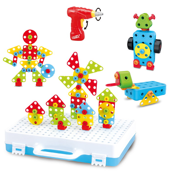 TACHAN Set de Constructions avec Tournevis Électrique - Mallette de Jeu pour Créations 2D et 3D - Développe la Motricité Fine et la Vision Spatiale - à partir de 3 ans