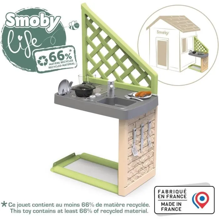 Smoby - Cuisine d'Été Smoby Life avec Grill et Évier - 17 Accessoires - En Plastique Recyclé - Jouet d'Extérieur pour Enfants dès 2 Ans