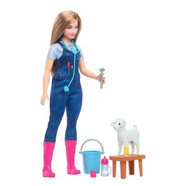 Barbie Tu Puede Ser Veterinaria De Granja HRG42 Mattel - Version espagnole - Poupée vétérinaire de ferme avec 10 accessoires dont fonction interactive
