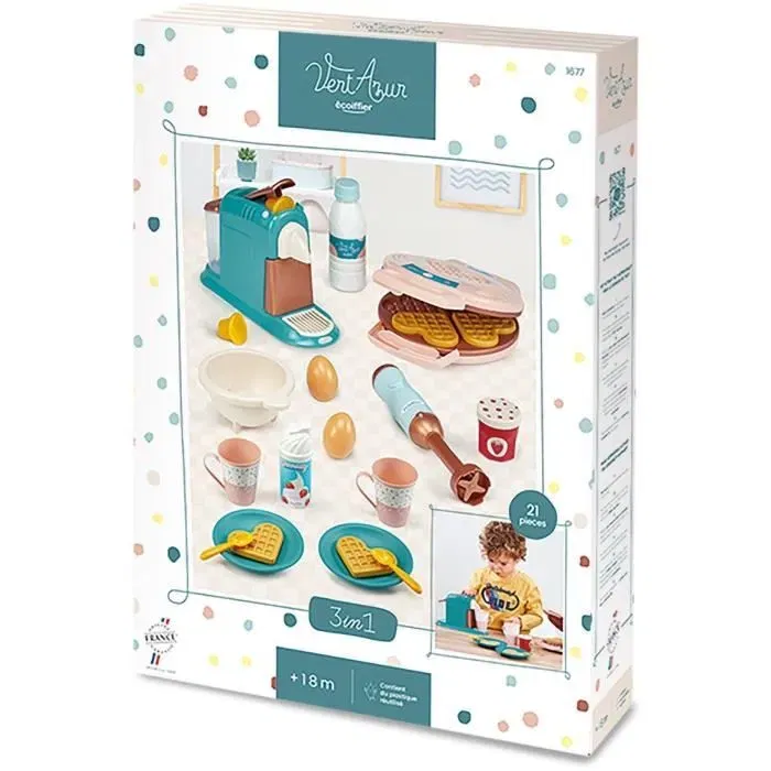Ecoiffier - Jeu d'imitation Coffret Gourmand, Set de Cuisine Enfant avec Gaufrier, Cafetière et Accessoires, Jouet pour Fille et Garçon dès 18 Mois