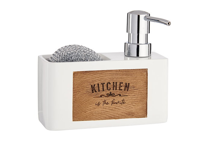 KINVARA Distributeur de savon et support éponge Blanc et Marron avec gravure bois