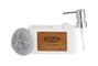 KINVARA Distributeur de savon et support éponge Blanc et Marron avec gravure bois