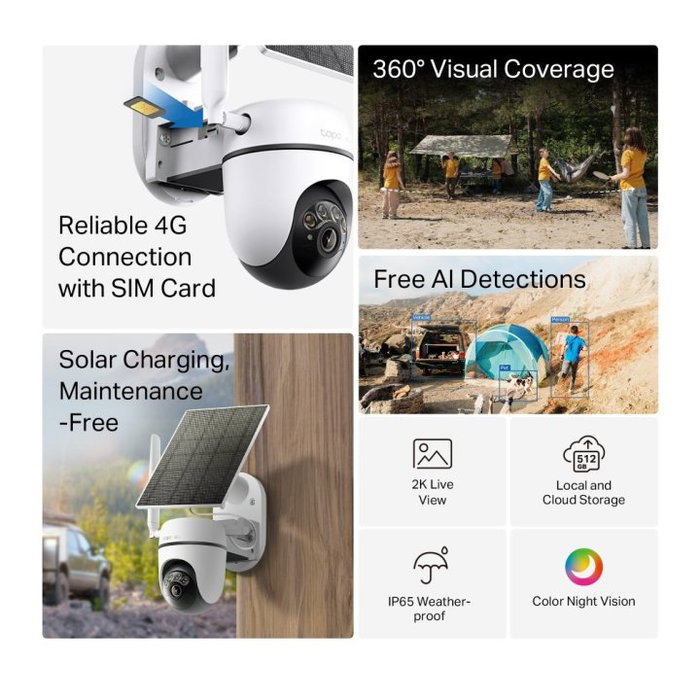 TP-Link Tapo C615G Caméra de sécurité WiFi extérieur 4G LTE avec panneau solaire, batterie intégrée, vision nocturne couleur 2K 3MP, IA, audio bidirectionnel, IP65 TP-Link Tapo C615G Caméra de sécurité WiFi extérieur 4G LTE avec panneau solaire, batterie intégrée, vision nocturne couleur 2K 3MP, IA, audio bidirectionnel, IP65