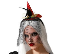 Atosa Sombrero de Bruja Rojo con Velo Negro y Plumas