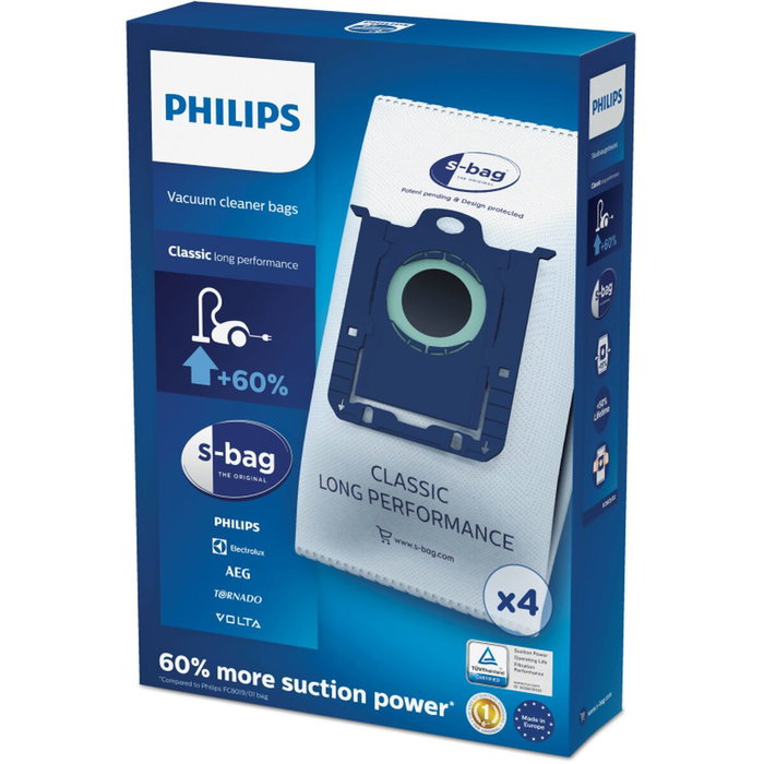 Philips Lot de 4 sacs aspirateur S-bag® Classique longue performance FC8021/03 Philips Lot de 4 sacs aspirateur S-bag® Classique longue performance FC8021/03