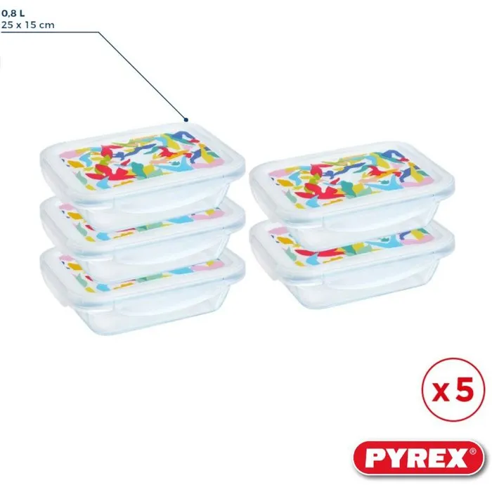 Pyrex - Lot de 5 boîtes repas en verre rectangulaires, couvercle hermétique, design abstrait, 0.80 L, résistantes au choc thermique (-40°C à +350°C)