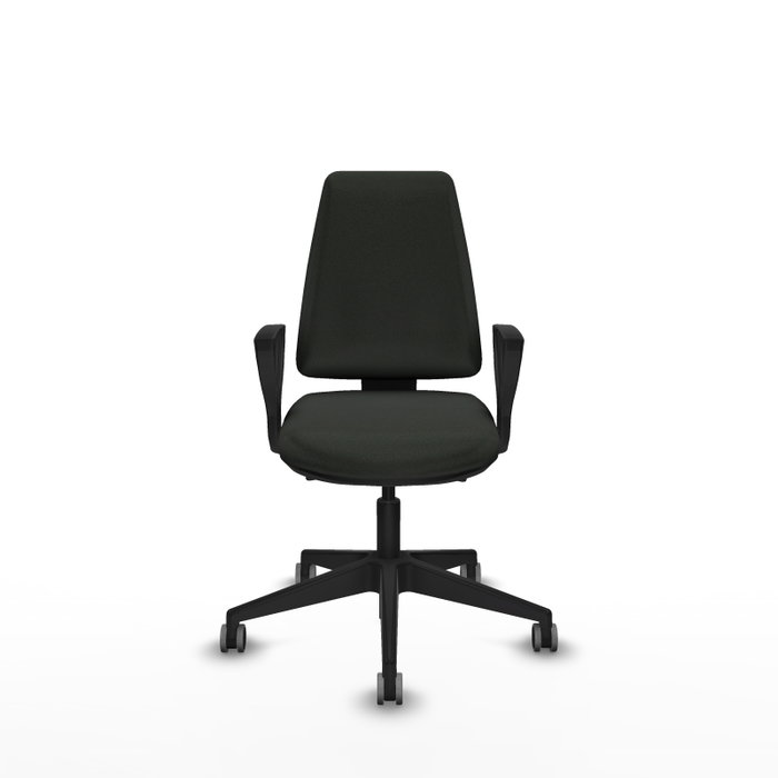 Chaise Elche Asynchrone Tissu Noir Base pyramidale noire Accoudoirs fixes Sans appui-tête Roulettes 65mm pour moquette Chaise Elche Asynchrone Tissu Noir Base pyramidale noire Accoudoirs fixes Sans appui-tête Roulettes 65mm pour moquette