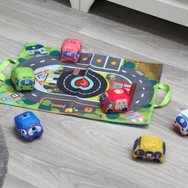 Circuito Juguete Tapis de jeu circuit de voitures en tissu avec 6 véhicules souples - Jouet d'éveil transformable en sac - Pour enfants dès 12 mois