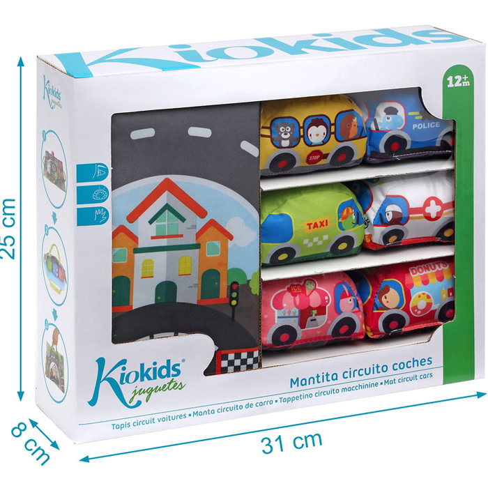 Circuito Juguete Tapis de jeu circuit de voitures en tissu avec 6 véhicules souples - Jouet d'éveil transformable en sac - Pour enfants dès 12 mois