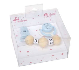 Muñecas Arias - Set de tétine bleu et blanc avec chaîne de perles en bois et pince blanche - À partir de 3 ans