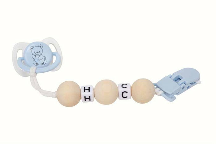 Muñecas Arias - Set de tétine bleu et blanc avec chaîne de perles en bois et pince blanche - À partir de 3 ans