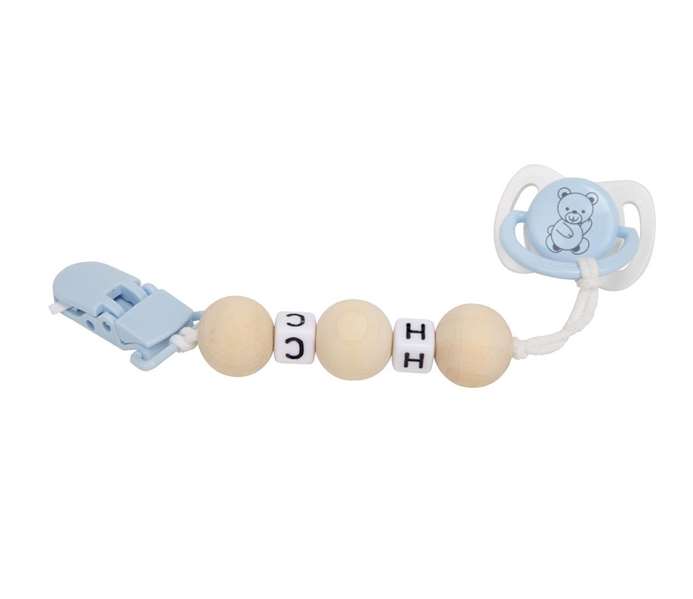 Muñecas Arias - Set de tétine bleu et blanc avec chaîne de perles en bois et pince blanche - À partir de 3 ans