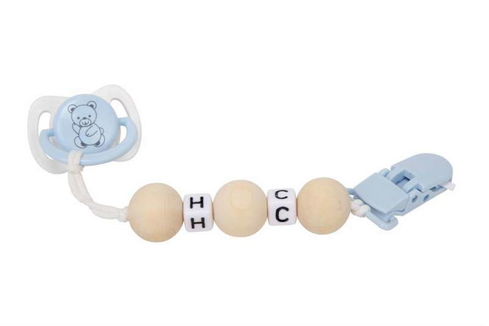 Muñecas Arias - Set de tétine bleu et blanc avec chaîne de perles en bois et pince blanche - À partir de 3 ans