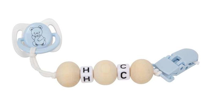 Muñecas Arias - Set de tétine bleu et blanc avec chaîne de perles en bois et pince blanche - À partir de 3 ans