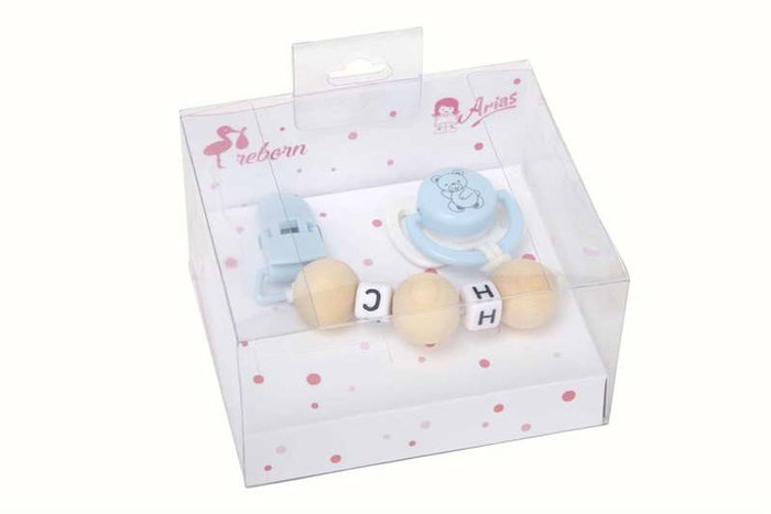 Muñecas Arias - Set de tétine bleu et blanc avec chaîne de perles en bois et pince blanche - À partir de 3 ans