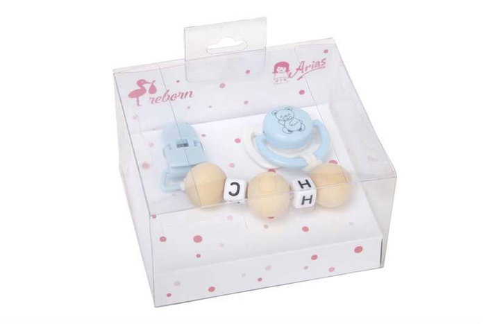 Muñecas Arias - Set de tétine bleu et blanc avec chaîne de perles en bois et pince blanche - À partir de 3 ans